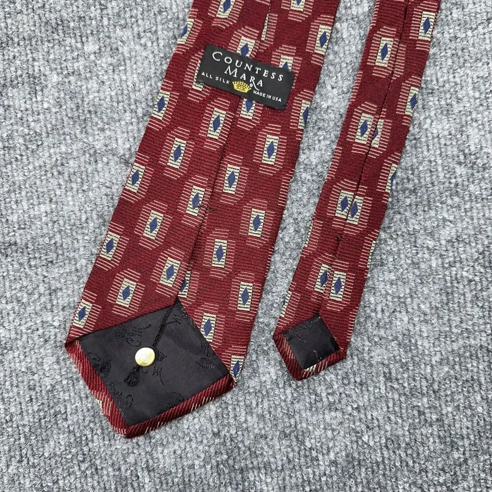 Countess Mara Neck Tie Mens Red Blue‎ Geometric Silk Art Deco USA Vintage